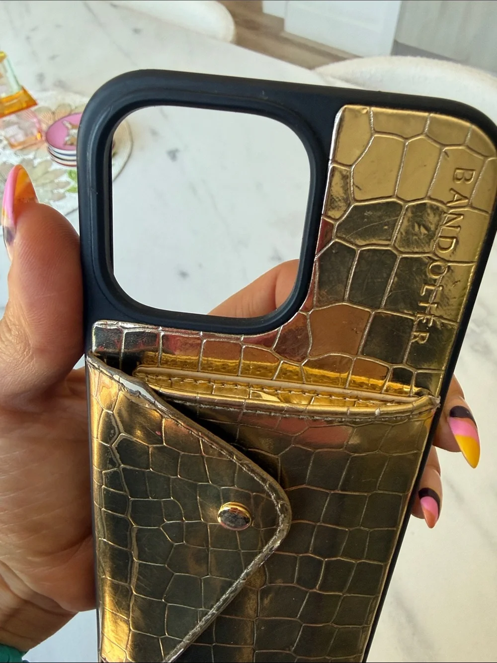Bandolier Gold Croc Card Pocket Phone Case with Chain Strap iphone16 promax